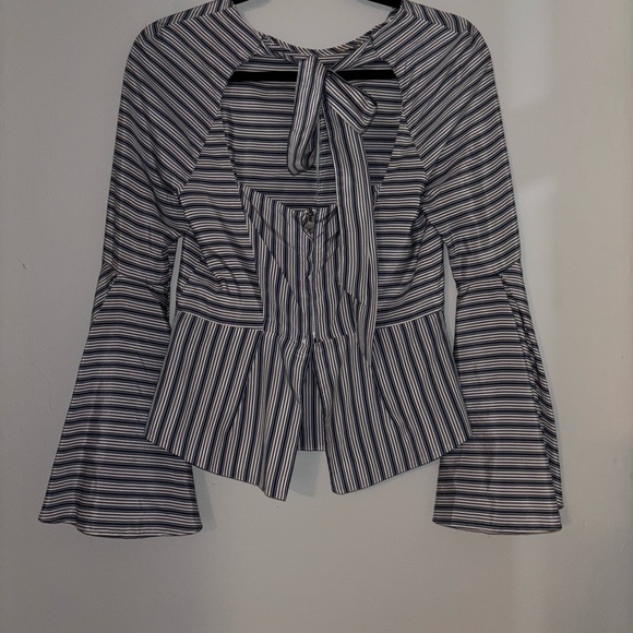 Milly Fluted Striped Silk & Cotton Blouse Bell Sleeve Keyhole Open Back Tie - Picture 9 of 12